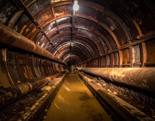 Obraz premium Dark Industrial Pipeline Interior with Water Reflection and Light