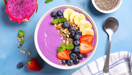 Healthy purple dragon fruit smoothie bowl with fresh berries banana and granola for a nutritious breakfast.