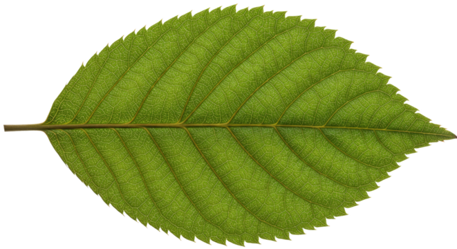 Close up of a single green leaf with serrated edges.