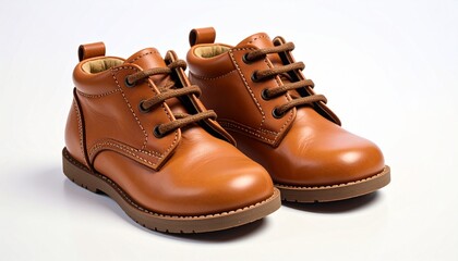 A pair of stylish brown leather lace-up boots for children on a white background.