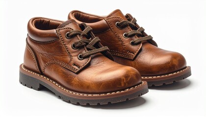 A pair of classic brown leather childrens boots isolated on a white background.