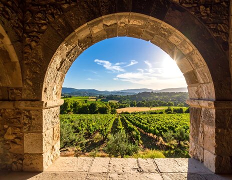 Stone archway, vineyard vista
