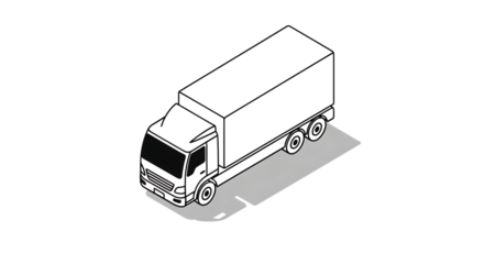 Isometric view of a dark delivery van parked on a light gray platform against a stark black background representing logistics and transportation