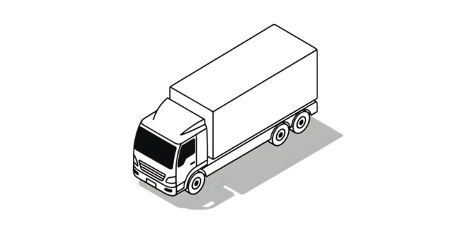 Isometric view of a dark delivery van parked on a light gray platform against a stark black background representing logistics and transportation