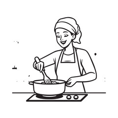 Black and White Vector Illustration of a Smiling Woman Cooking in Kitchen with Apron and Headband