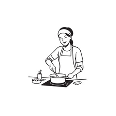 Black and White Vector Illustration of a Smiling Woman Cooking in Kitchen with Apron and Headband