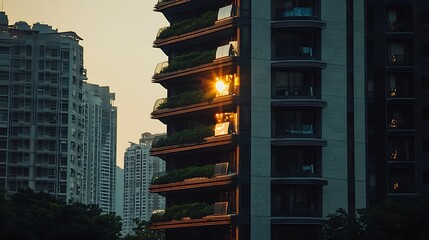 High resolution mirrorless 70mm close detail of solar domes reflecting sun, greenery layered on futuristic terraces in sharp focus