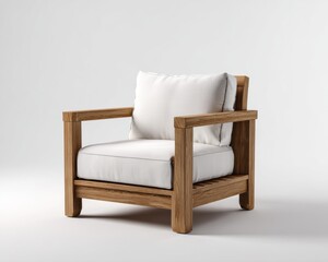 Modern Wooden Armchair with White Cushions on White Background