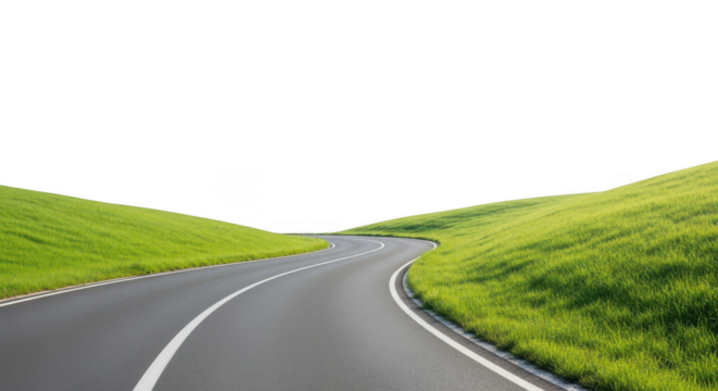 Curving asphalt road through green hills isolated on transparent background
