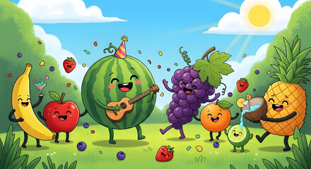 This image shows a cheerful, colorful scene of animated fruits having a fun outdoor party on a sunny day