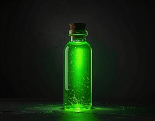 Glowing Green Liquid in a Glass Bottle on Dark Background