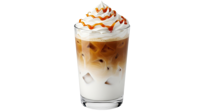 Iced caramel latte drink in a tall glass with whipped cream isolated PNG with Transparent Background