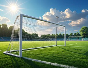 Fototapeta premium Lush Green Soccer Field with Goal Under Bright Blue Sky
