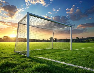 Beautiful Soccer Goal on a Field at Sunset with Cloudy Sky