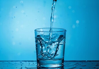 glass of water, Fresh drinking water pours into clear glass tumbler. Water splashes, bubbles form as liquid fills glass. Modern chrome faucet supplies pure water. Eco-friendly water supply depicted