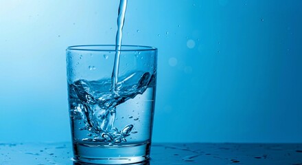 glass of water, Fresh drinking water pours into clear glass tumbler. Water splashes, bubbles form as liquid fills glass. Modern chrome faucet supplies pure water. Eco-friendly water supply depicted