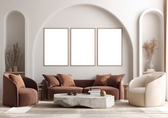 Neutral Living Room with Arched Alcoves and Brown Sofa