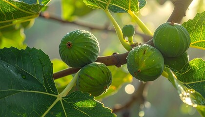 Obraz premium Fresh figs on a branch in sunlight