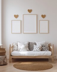 Neutral Minimalist Bedroom Daybed with Patterned Pillows and Framed Prints