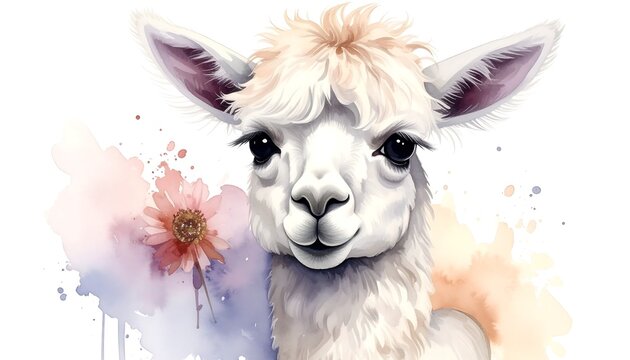Charming llama portrait with delicate watercolor splashes and a lovely flower.