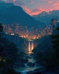 Fototapeta premium Night Cityscape and Waterfall at Sunset