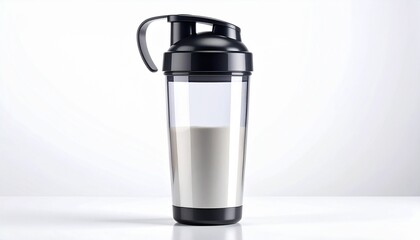 Protein shaker bottle with whey powder supplement for fitness and bodybuilding on a clean white background.