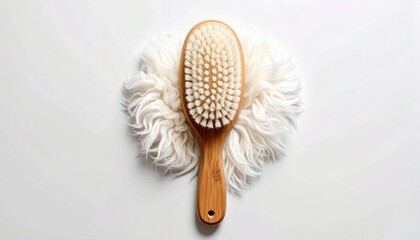Natural wooden hairbrush with soft bristles on a fluffy white wool background top view.