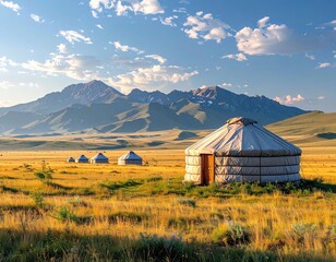 Scenic View of Yurts in Mongolia with Majestic Mountain Background