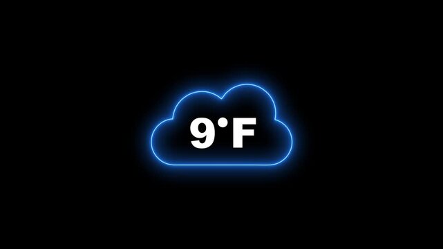 Neon blue cloud icon displaying 9 degrees Fahrenheit on a black background weather temperature
