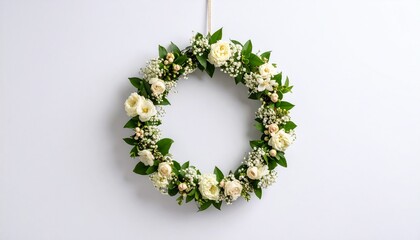 Elegant floral wreath with white roses and green leaves hanging on a plain white wall.