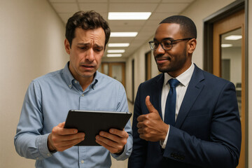 The final moments of preparation before a business presentation. A colleague gives a reassuring thumbs-up, building confidence for public speaking.