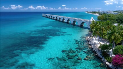 Aerial View of Arched Bridge Stretching Over Turquoise Sea Under Blue Sky and Fluffy Clouds in Tropical Coastal Region