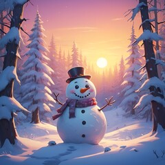 Obraz premium Cheerful Snowman in Snowy Forest at Sunset