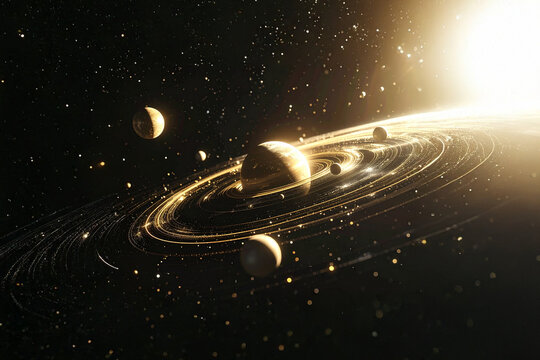 A beautiful, abstract depiction of a solar system with planets orbiting a star. The glowing, intricate golden rings and sparkling light trails suggest concepts of universal order and cosmic technology
