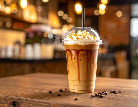 Caramel macchiato in cafe cup with modern coffee shp background
