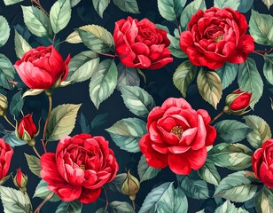 Floral pattern with vibrant red roses