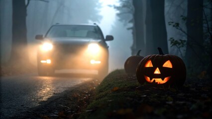 Spooky road travel trips in Halloween theme. A foggy road scene with a car and illuminated jack-o'-lanterns, evoking a Halloween atmosphere.