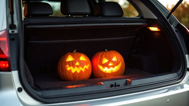 Spooky road travel trips in Halloween theme. Two glowing jack-o'-lanterns in the trunk of a car set for Halloween.