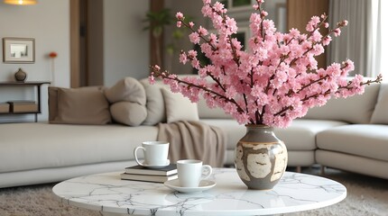 Enjoy a serene moment with coffee and cherry blossoms adding a touch of peace to your home decor