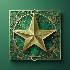 Naklejka premium Ornate Gold Star on Green Background with Floral Frame