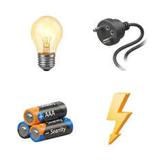 Energy and electricity icons lightbulb batteries plug and lightning bolt