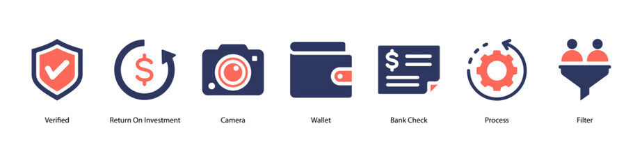 Financial Reporting web banner icon vector illustration featuring Verified, Return On Investment, Camera, Wallet, Bank Check, Process, and Filter for data accuracy and insight.