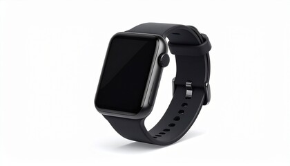 Fototapeta premium Modern black smart watch with a blank screen isolated on a white background.
