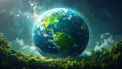Earth surrounded by greenery in a digital illustration