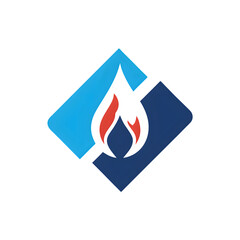 Abstract flame icon on dark background with blue and dark blue geometric shapes