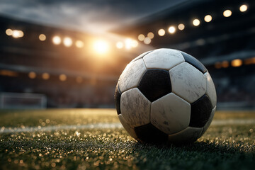 Fototapeta premium This image captures a moment of dynamic anticipation-a football soaring through the air under bright stadium lights, symbolizing the peak of a game's energy and the pursuit of victory. 3D Rendering.