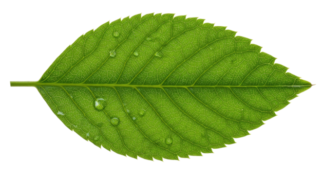 Green leaf with prominent veins and water droplets.
