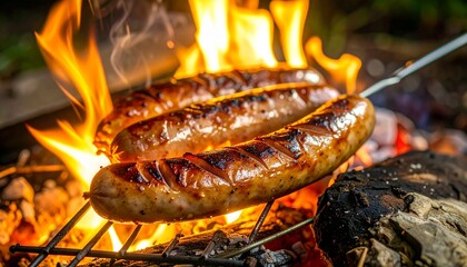 Grilling Juicy Sausages Over a Roaring Campfire at Night.