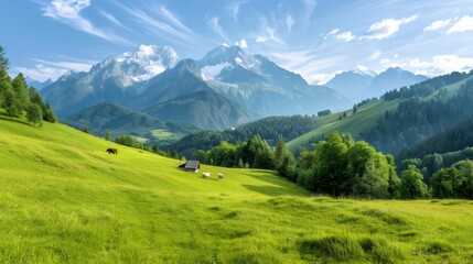Obraz premium Cows grazing in a green meadow with the Alps in the background