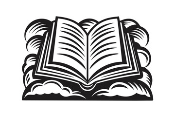 Open Book Icon with Sparkling Stars in Black and White Isolated on White Background